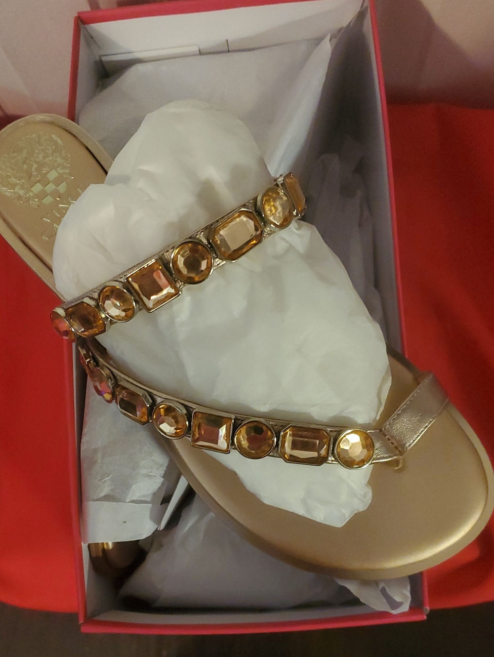 [Never Worn]Vince Camuro Leather Gold Champagne Gemstone Slip-On Sandals